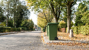 Sie sehen mehrere Mülltonnen am Straßenrand stehen.