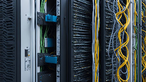 Sie sehen ein Rack mit Netzwerktechnik.