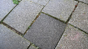 Sie sehen einen Gehweg miz einigen leicht schiefen Gehwegplatten.