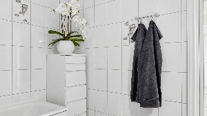 Sie sehen ein modernes, minimalistisches Badezimmer mit gefliesten Wänden, einem Schrank und darauf eine weiße Orchidee in einer Vase.