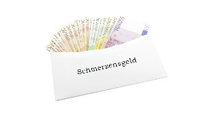 Sie sehen Briebumschlaf mit Euro-Geldscheinen gefüllt und der Aufschrift Schmerzensgeld.
