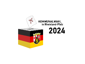 Sie sehen die Zeichnung einer Wahlurne, welche in den deutschen Nationalfarben schwarz-rot-gold gefärbt und mit dem passenden Wappen von Rheinland-Pfalz dekoriert wurde.